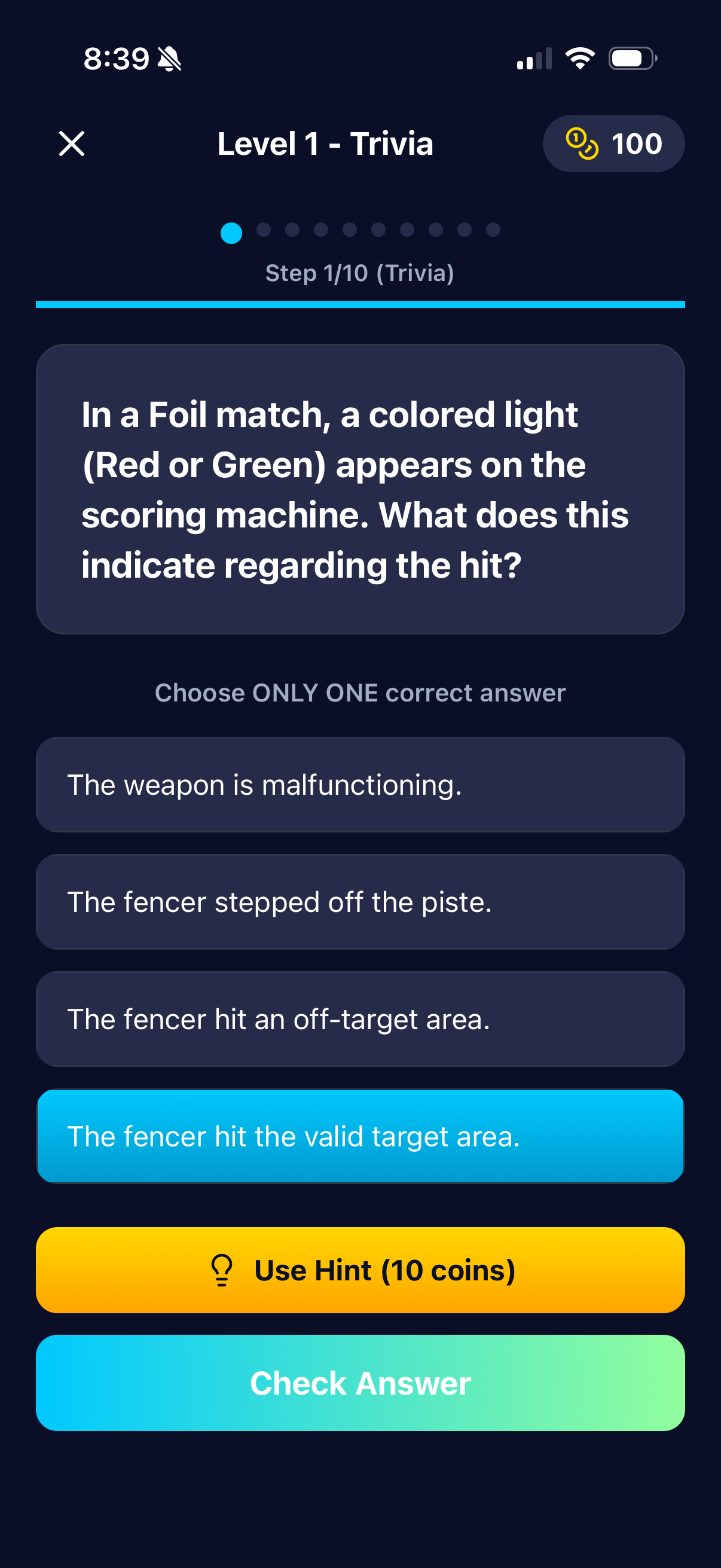 Fencing Mastermind Gameplay Screen